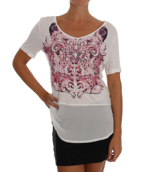 White Pink Motive Print Blouse