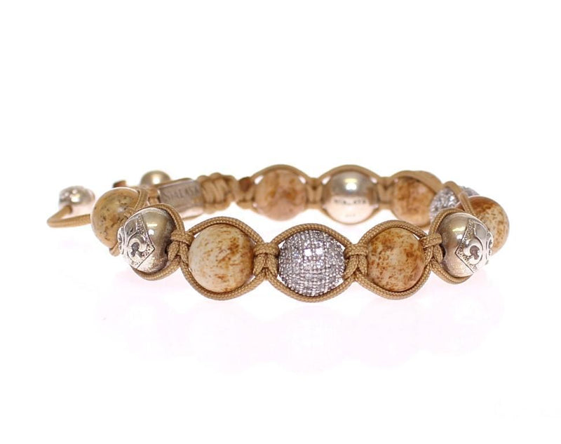 Jasper Bead Clear CZ 925 Sterling Silver Bracelet