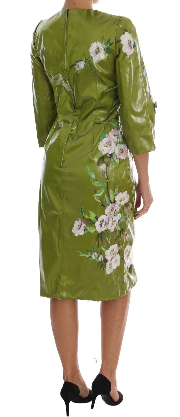 Green Pink Roses Print Sheath Dress