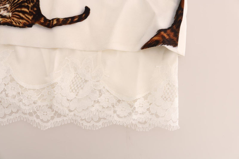 White Brown CAT Print Viscose Long Dress
