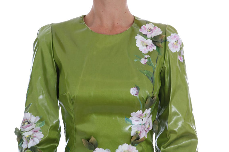 Green Pink Roses Print Sheath Dress