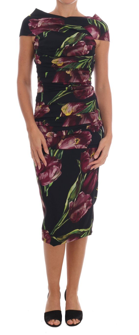 Black Silk Stretch Purple Tulip Sheath Dress