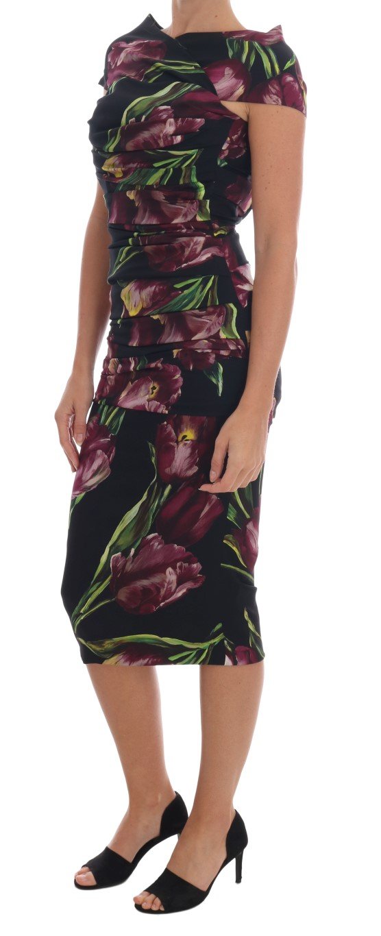 Black Silk Stretch Purple Tulip Sheath Dress