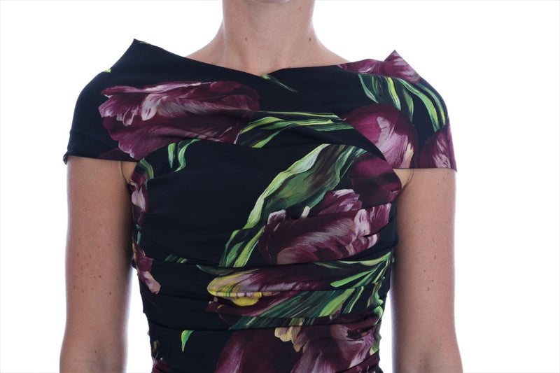 Black Silk Stretch Purple Tulip Sheath Dress