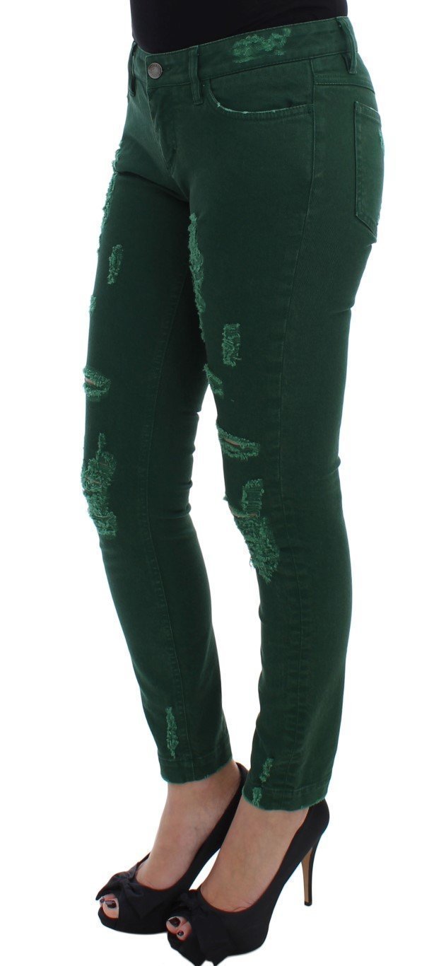 Green Torn Cotton Stretch Slim Fit Jeans