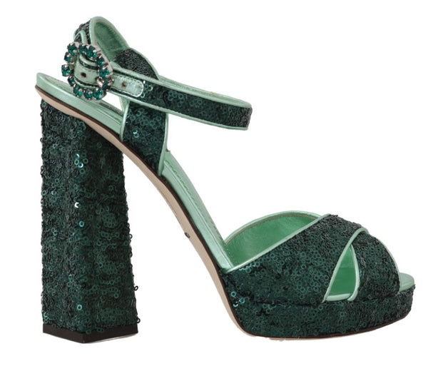 Green Sequined Leather Crystal Sandals