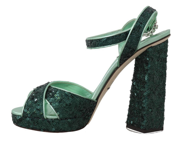 Green Sequined Leather Crystal Sandals