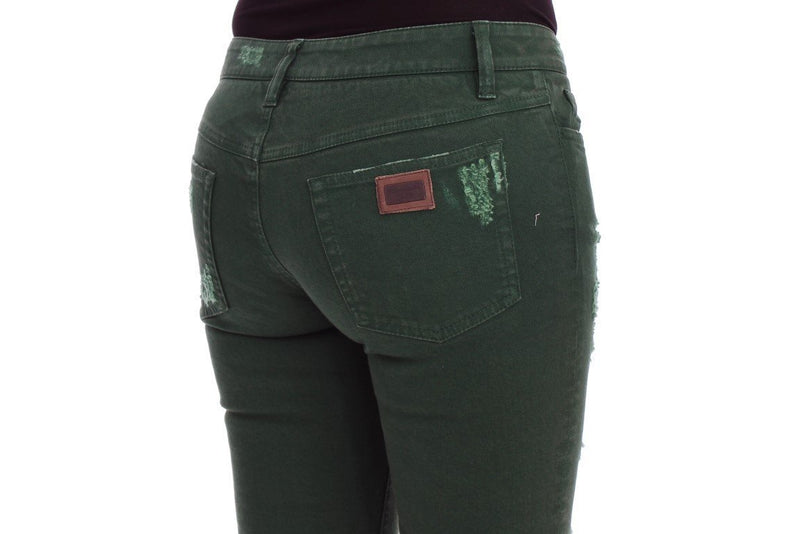 Green Torn Cotton Stretch Slim Fit Jeans