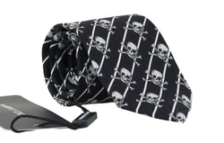 Black Silk Skull Print Striped Tie