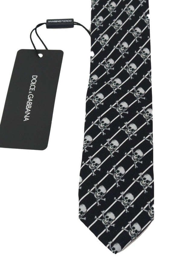 Black Silk Skull Print Striped Tie