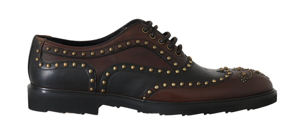 Brown Leather Wingtip Derby Studded Shoes