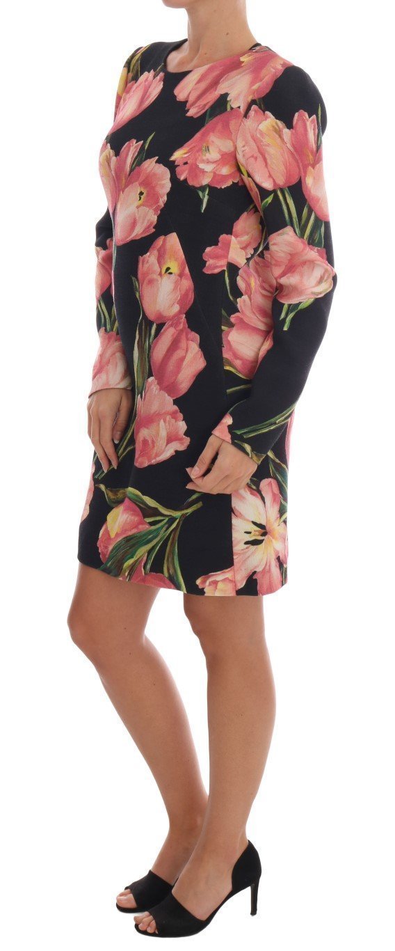 Black Pink Tulips Wool Sheath Dress