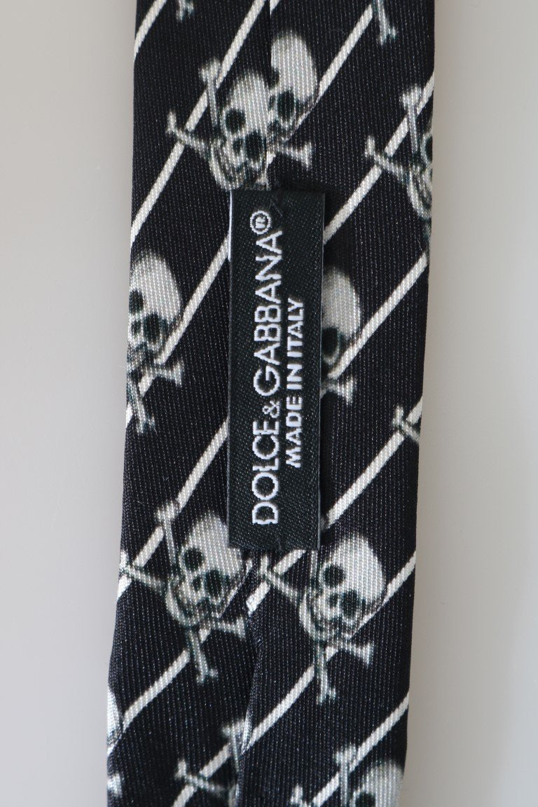 Black Silk Skull Print Striped Tie