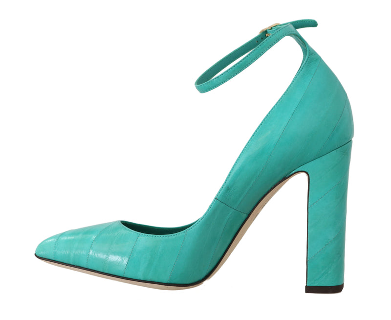 Blue Eel Skin Ankle Strap Pumps