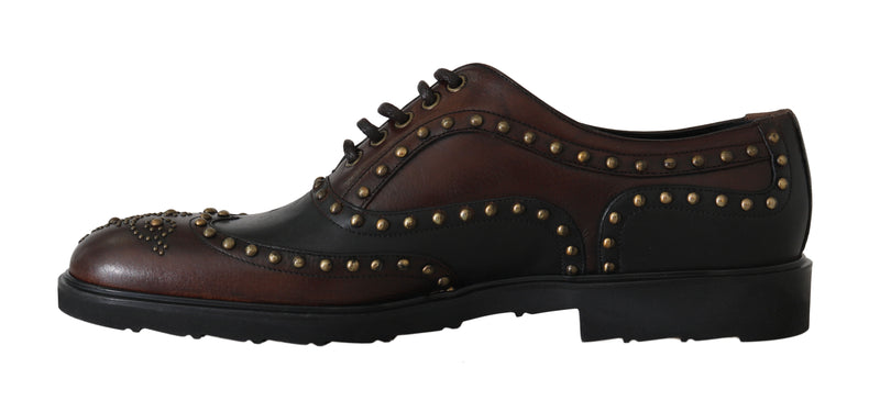 Brown Leather Wingtip Derby Studded Shoes