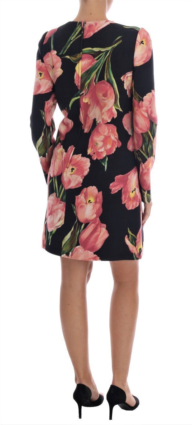 Black Pink Tulips Wool Sheath Dress
