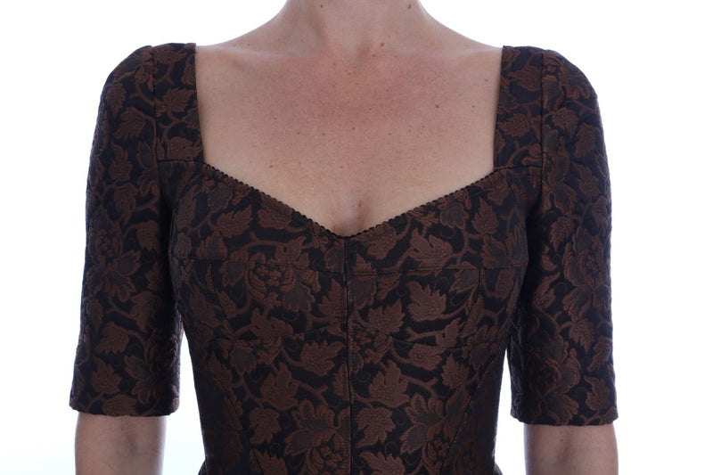 Black Brown Floral Brocade A-Line Dress