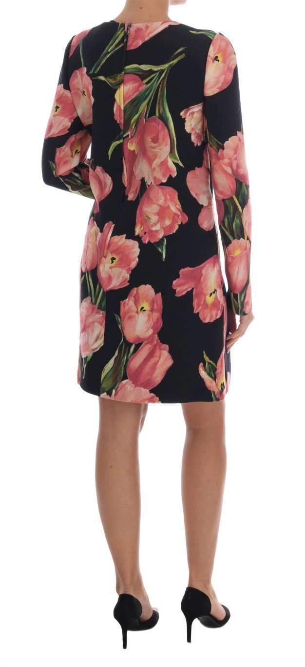 Black Pink Tulips Wool Sheath Dress