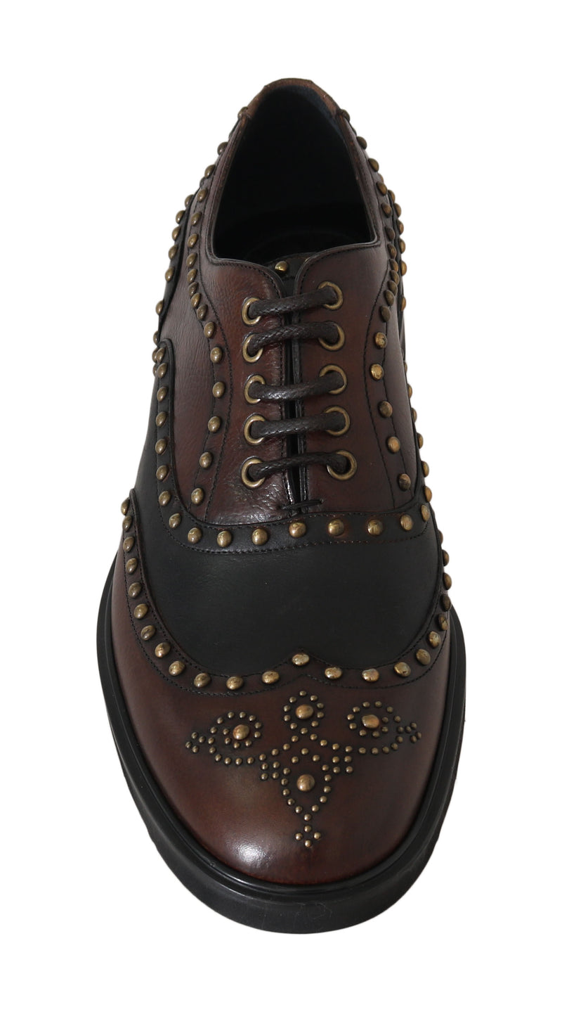 Brown Leather Wingtip Derby Studded Shoes