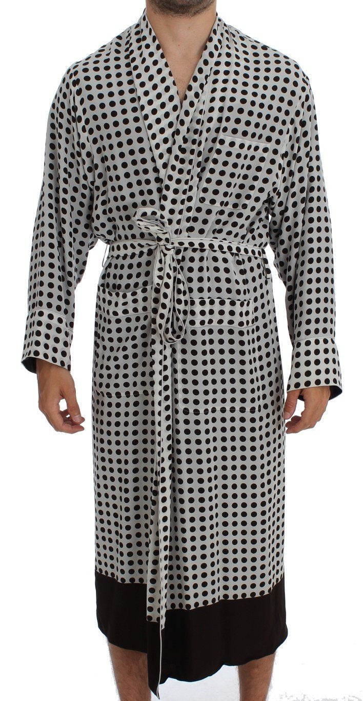 White Brown Polka SILK Robe Sleepwear Nightgown