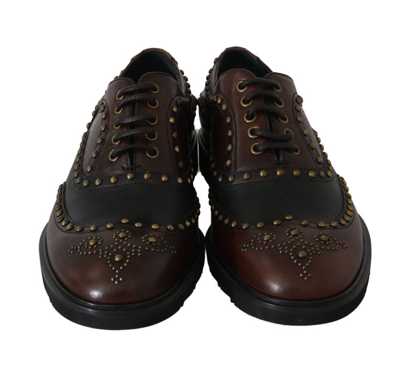 Brown Leather Wingtip Derby Studded Shoes