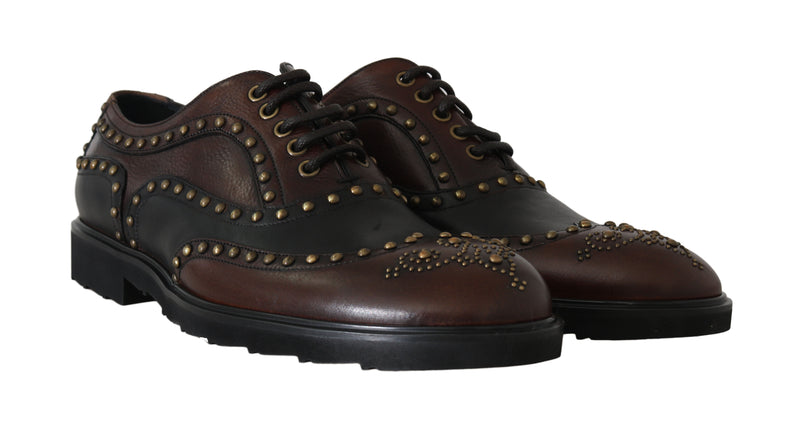 Brown Leather Wingtip Derby Studded Shoes