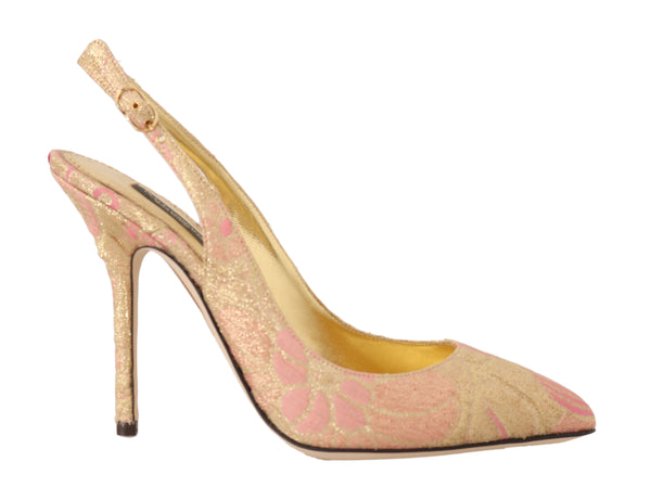 Gold Pink Brocade Slingbacks Heels