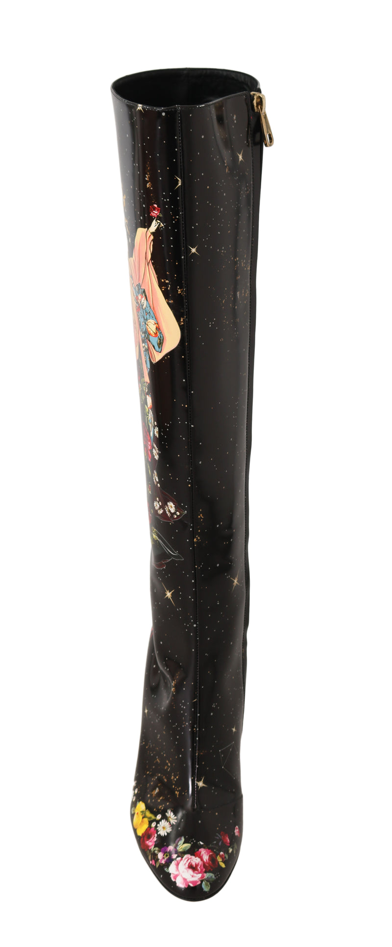 Black Leather Floral Knee High Boots