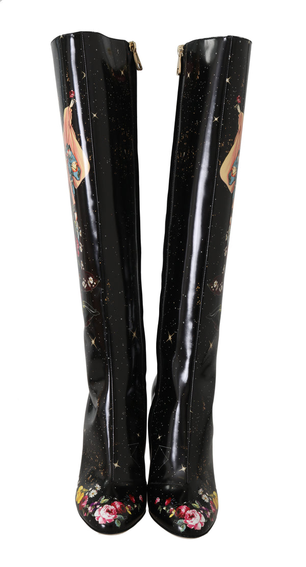 Black Leather Floral Knee High Boots