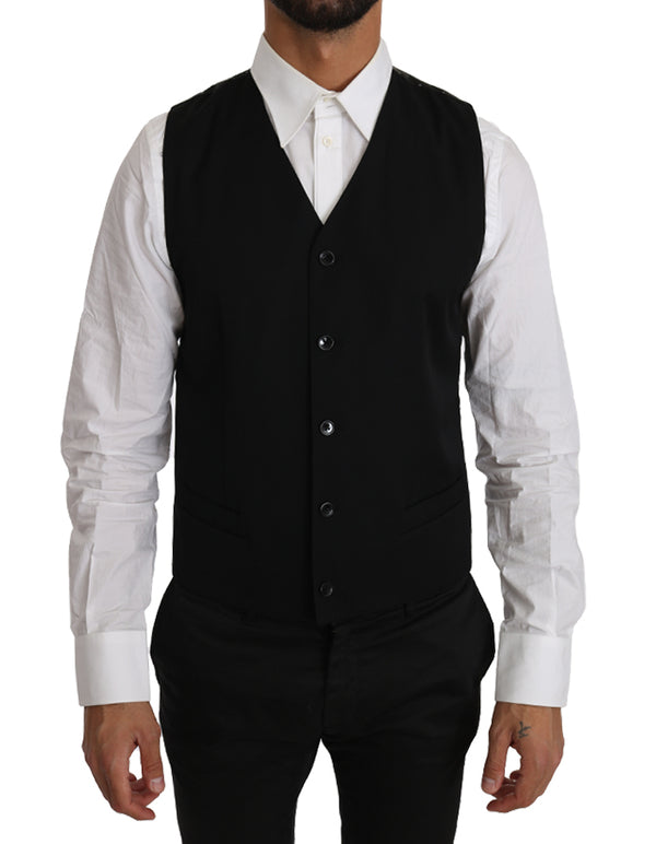 Black Solid 100% Wool Waistcoat Vest
