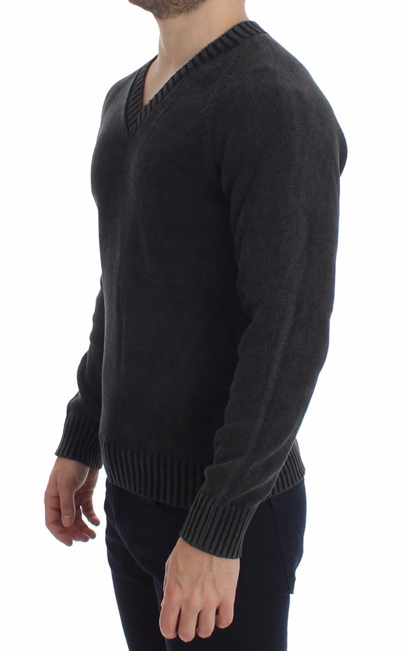 Gray Cotton Knitted V-neck Sweater Pullover Top