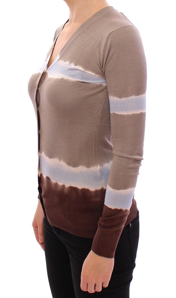 Beige Striped Silk Sweater Cardigan Pullover Top