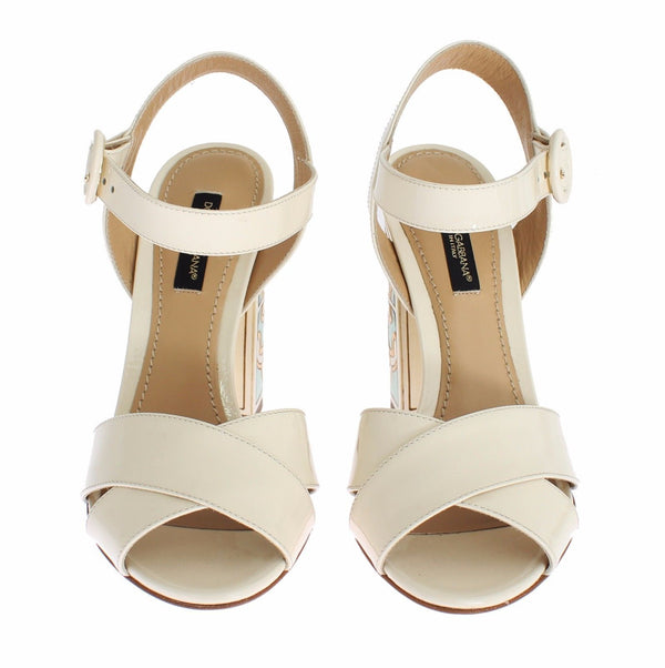 White Leather Majolica Print Sandals Shoes