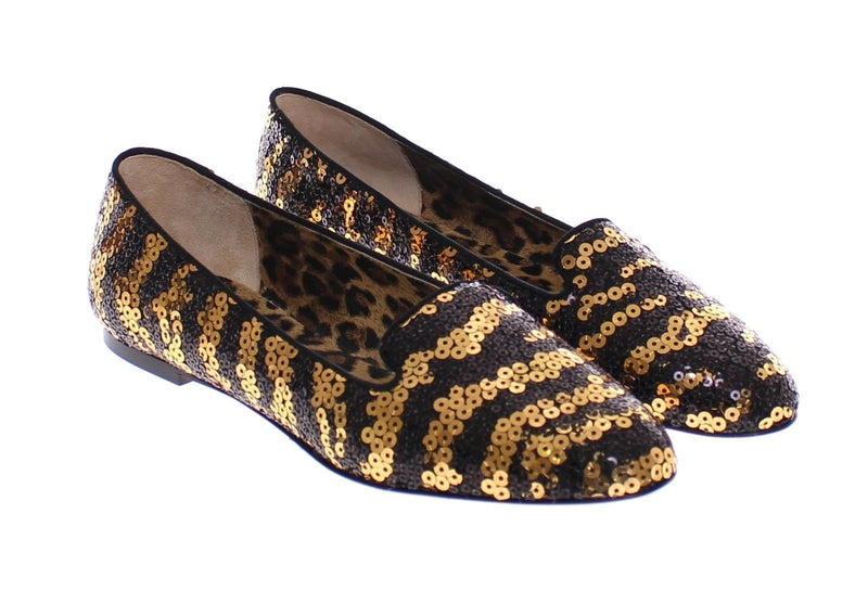 Black Gold Sequined Ballerina Flat Shoes