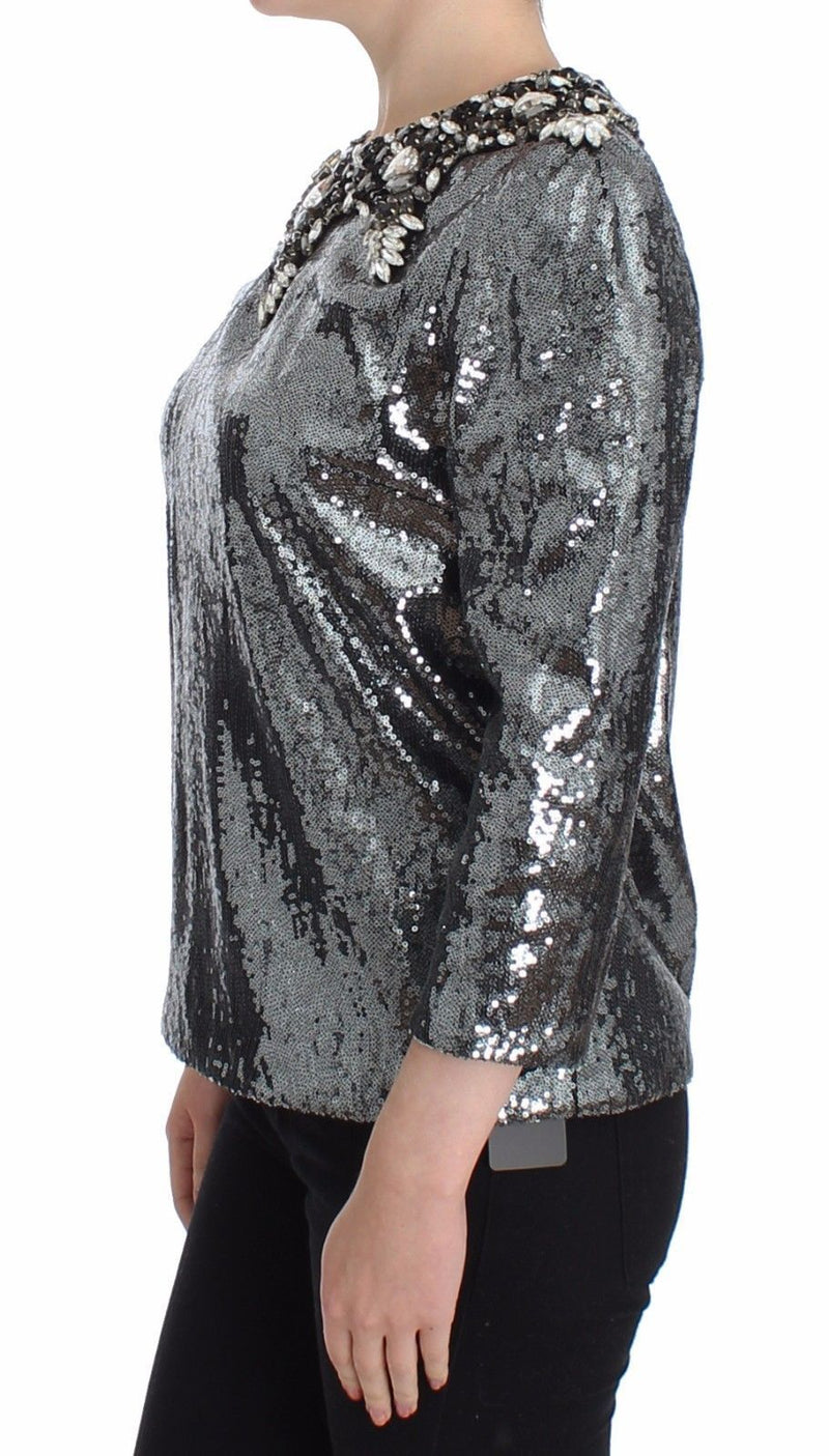 Gray Silver Crystal Sequined Blouse