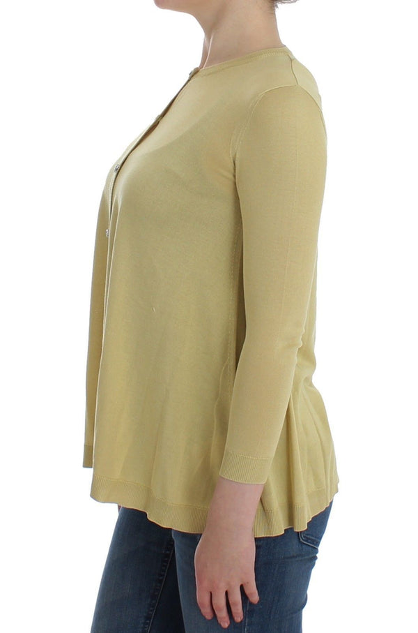 Yellow Silk Crystal Cardigan Sweater Crew Neck