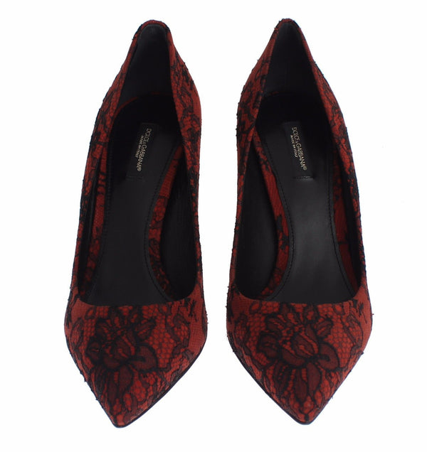 Red Suede Black Lace Pointy Pumps Shoes