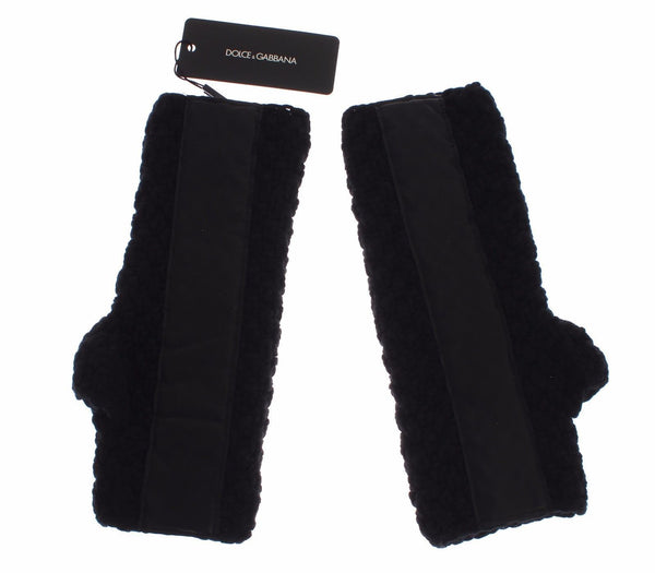 Black Knitted Wool Leather Fingerless Mens Gloves