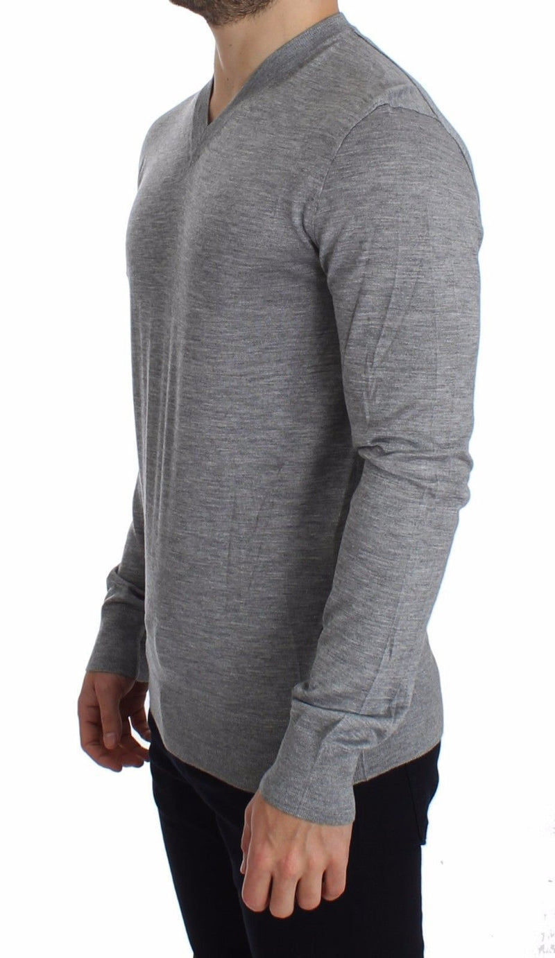 Gray Silk Cashmere V-neck Sweater Pullover