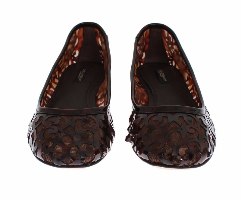 Brown Jacquard PVC Ballerina Flat Shoes