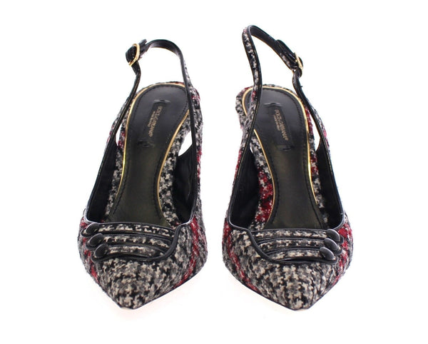 Gray Checkered Wool Leather Slingbacks Shoes