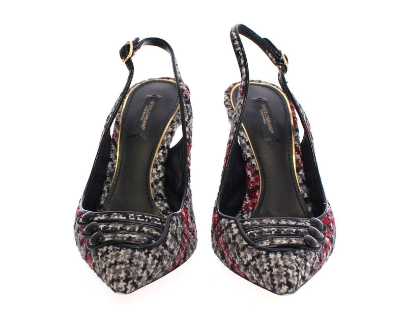 Gray Checkered Wool Leather Slingbacks Shoes