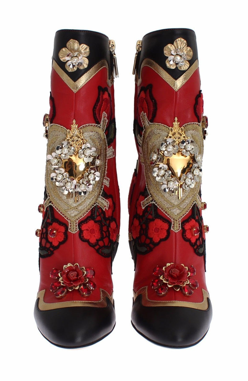 Roses Crystal Gold Heart Red Gold Black Leather Boots Shoes for Women