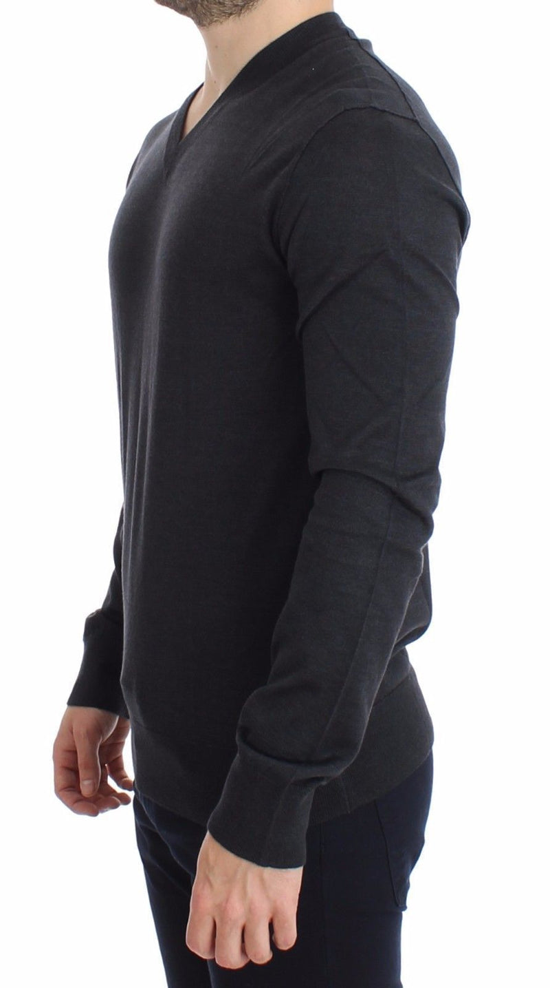 Gray Silk Cashmere V-neck Sweater Pullover