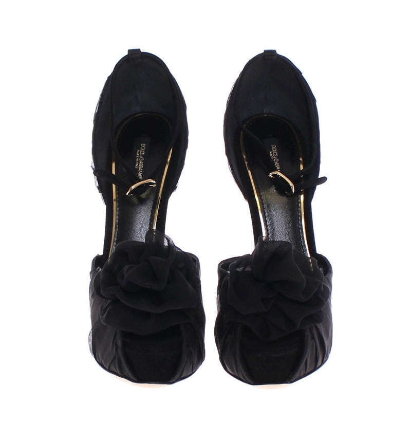 Black Silk Leather Platform Pumps Shoes