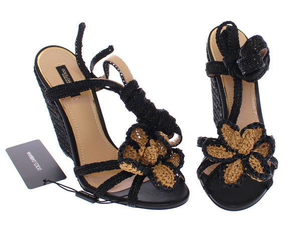 Black Beige Floral Leather Wedges Shoes