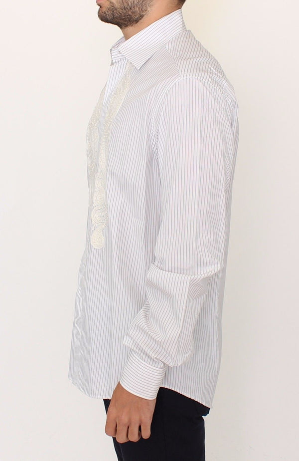 White Striped Embroidered Casual Shirt