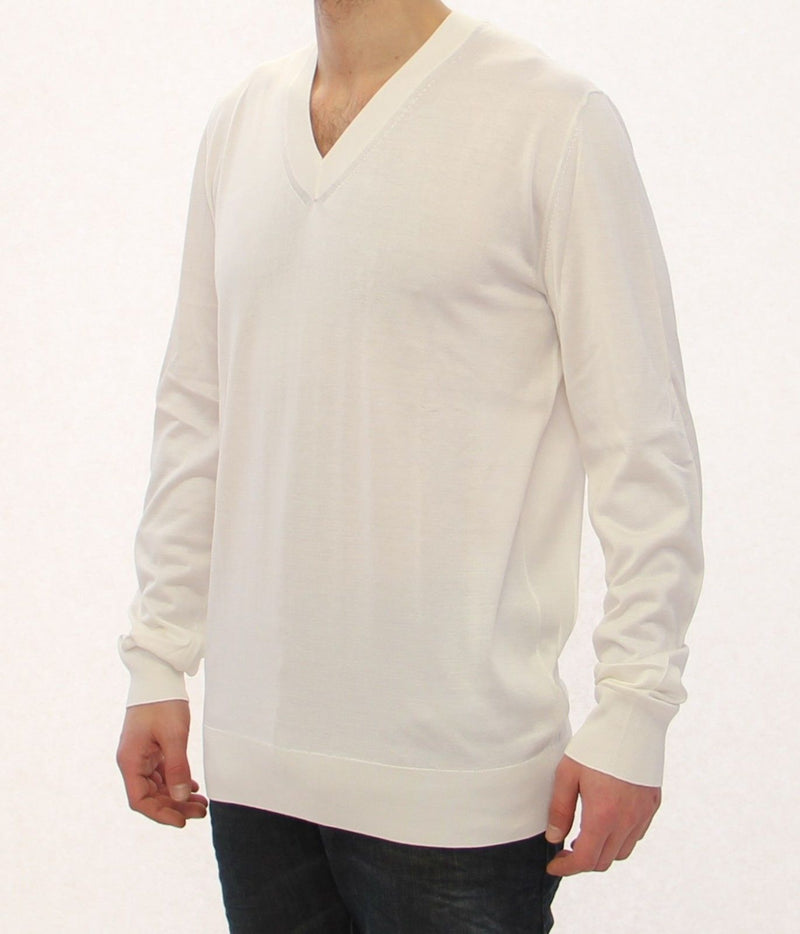 White Silk Logo V-neck Longarm Sweater Top
