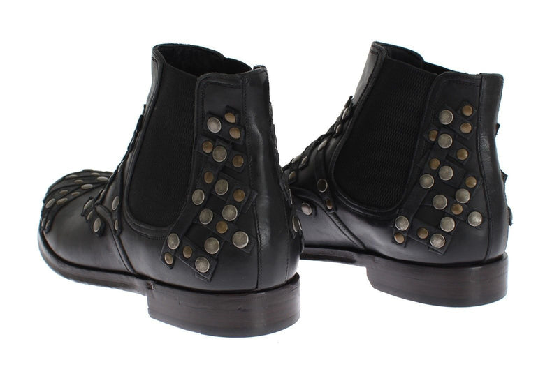 Black Leather Gold Studded Shoes Boots