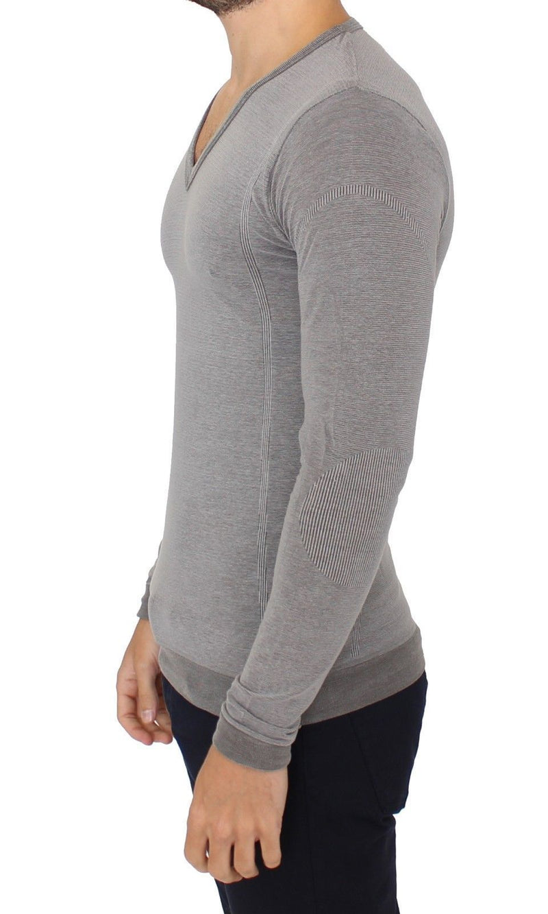 Gray Cotton Stretch V-neck Pullover Sweater